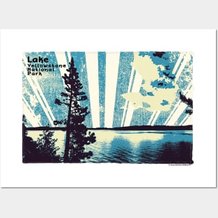 Retro Lake Yellowstone in blue Posters and Art